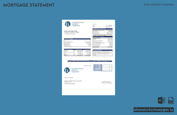Tadschikischer ITB-Bank-Hypothekenauszug in Word- und PDF-Formaten – Beispielvorschau